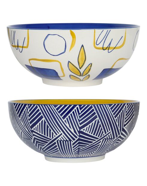 2 Salatschüsseln Arty Folk Blau/Senfgelb - D.23x10 cm