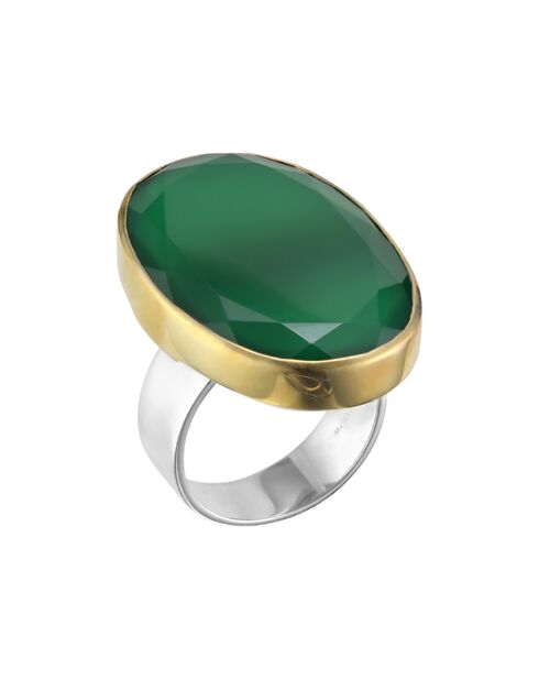 Bague Argent et Laiton, Onyx verte