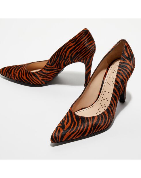 Escarpins en Cuir façon poulain Forel zébré tangerine - Talon 7 cm