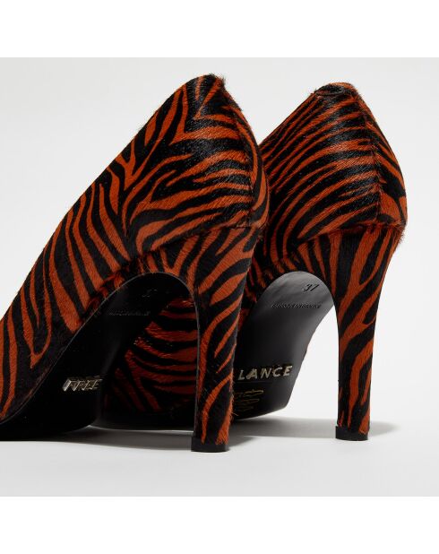 Escarpins en Cuir façon poulain Forel zébré tangerine - Talon 7 cm