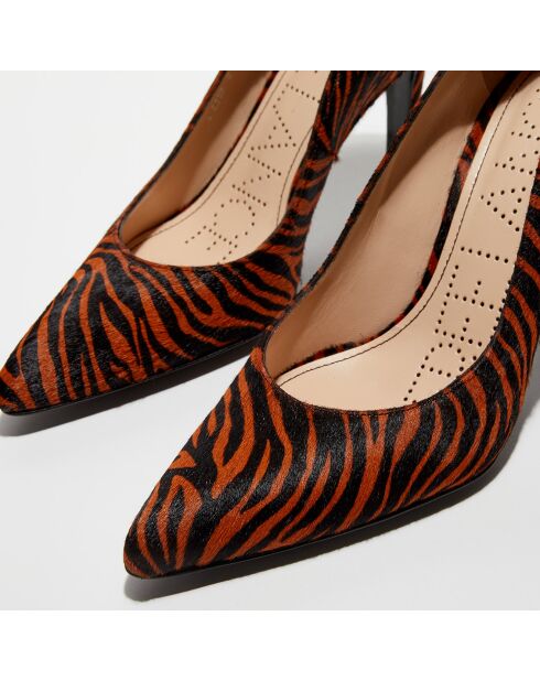 Escarpins en Cuir façon poulain Forel zébré tangerine - Talon 7 cm