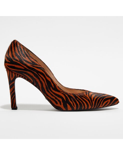 Escarpins en Cuir façon poulain Forel zébré tangerine - Talon 7 cm