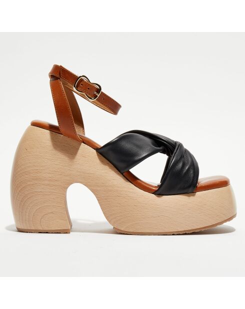 Sandalen van zwart leer met honingkleurige stevie, hak van 11,5 cm