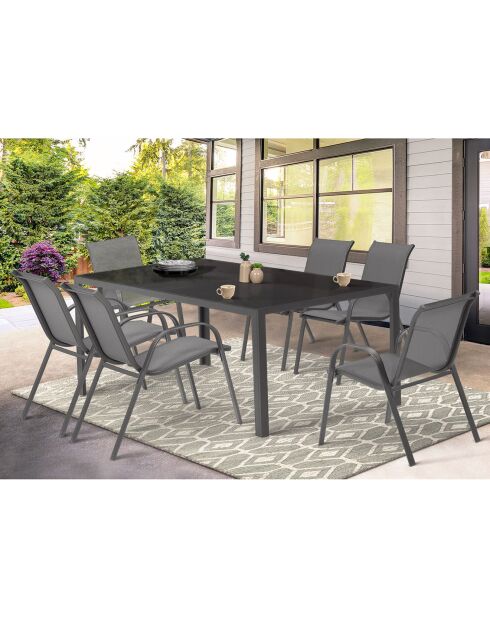 Salon de jardin Minorca 6 places en textiléne et verre trempé 6 places gris anthracite