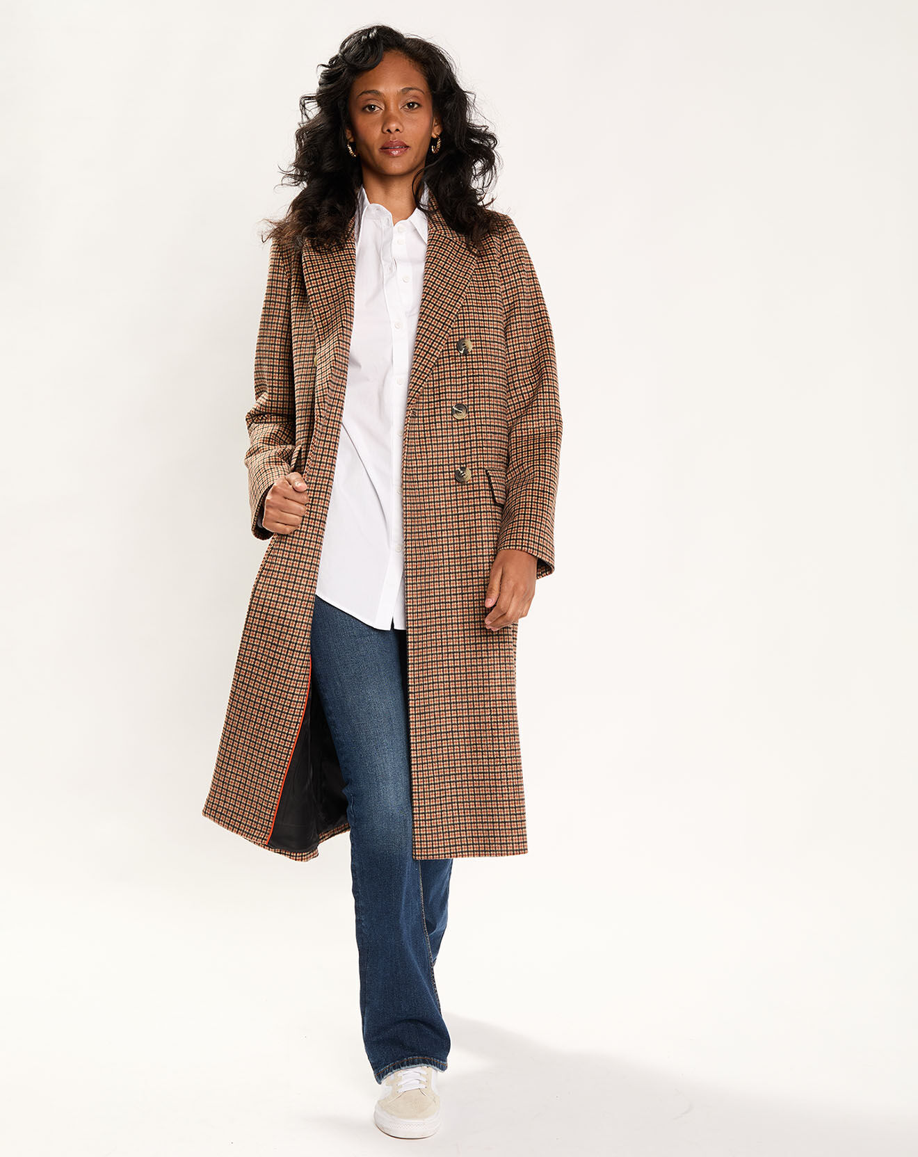 Manteau en Laine mélangée Pied de Poule beige/orange Vente