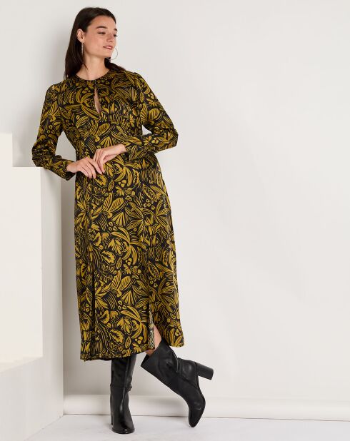 Robe Imane satinée imprimée jaune/noir