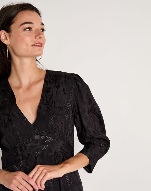 Alya schwarzes, Ton in Ton besticktes Kleid