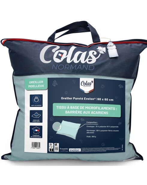 Oreiller Médium Evolon anti-acariens naturel bleu - 60x60 cm