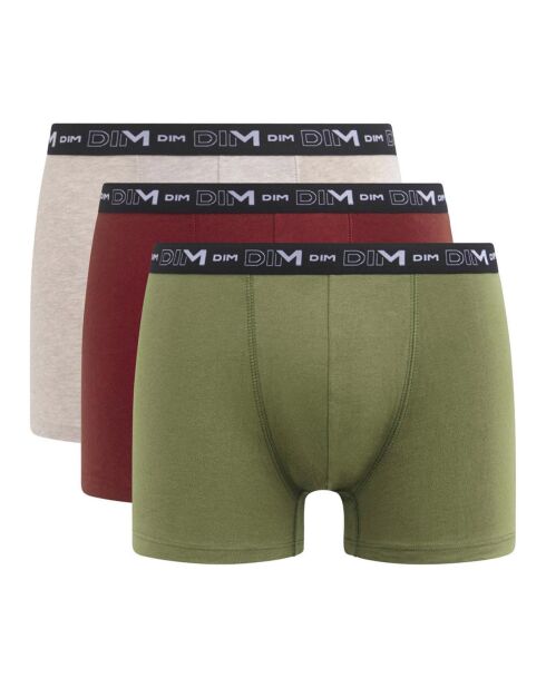 3 Boxers Coton Stretch beige crème/rouge vin/gris kaki