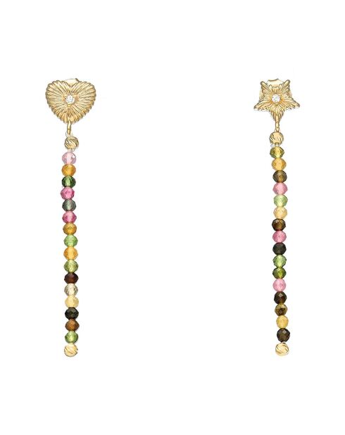 Boucles d'oreilles pendantes Coeur en Argent doré & Multi Tourmaline