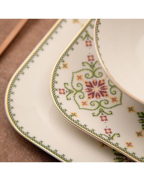 Service de table en porcelaine - 26 pièces blanc/vert/doré