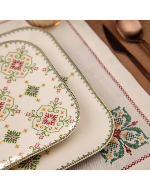 Service de table en porcelaine - 26 pièces blanc/vert/doré