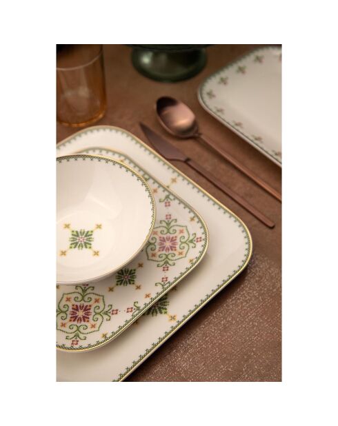 Service de table en porcelaine - 26 pièces blanc/vert/doré