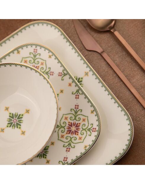 Service de table en porcelaine - 26 pièces blanc/vert/doré