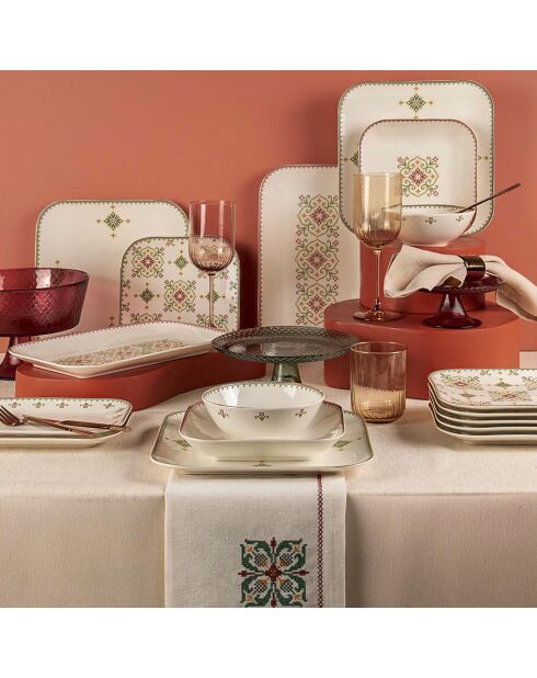 Service de table en porcelaine - 26 pièces blanc/vert/doré