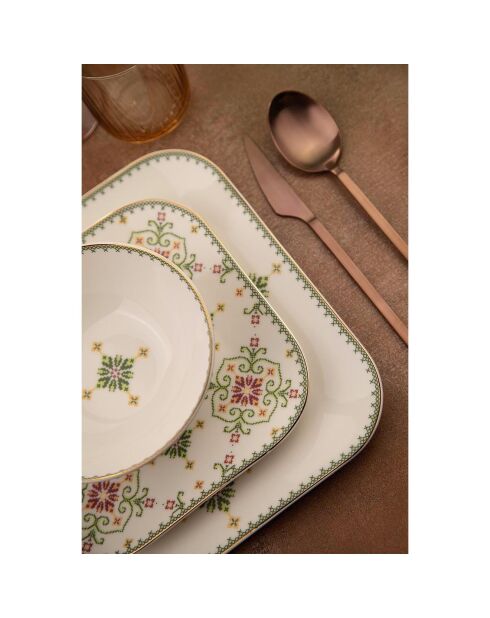 Service de table en porcelaine - 26 pièces blanc/vert/doré