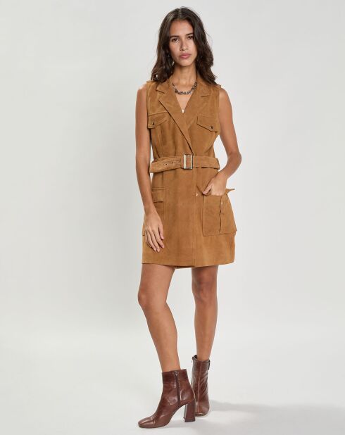 Veste longue en Velours de Cuir Elisabetta Vel camel