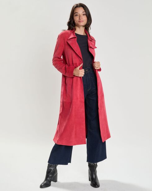 Manteau en Velours de Cuir Saveria Vel framboise