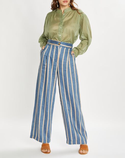 Pantalon en Lin mélangé Cara à rayures indigo