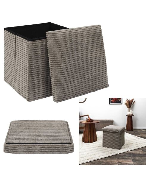 Coffre pouf pliable cotelé scott taupe - 38x38x38 cm