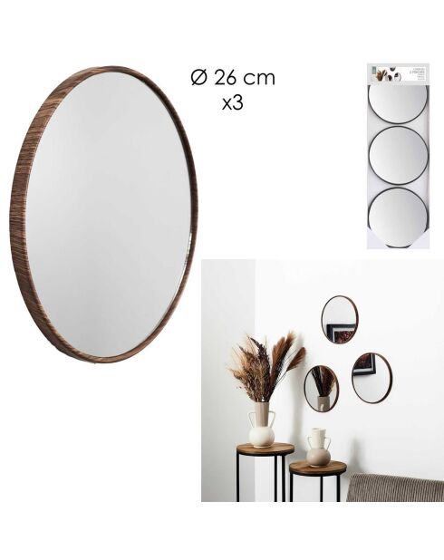 3 miroirs toronto imitation bois marron - D.26.3 cm