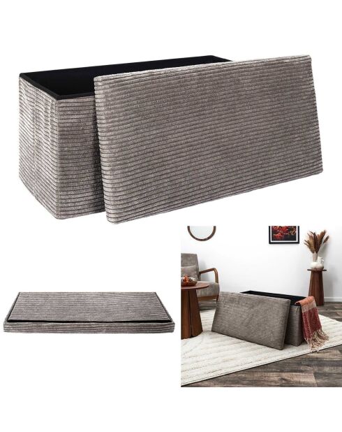 Coffre pouf pliable cotelé scott taupe - 76x38x38 cm