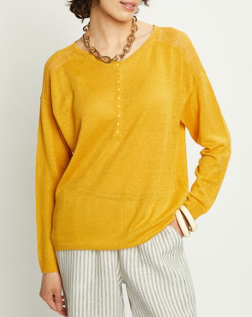 Pull 100% Lin Vivian motifs ajourés jaune doré