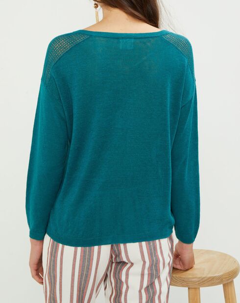 Pull 100% Lin Vivian motifs ajourés vert marin