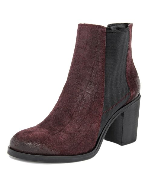 Bottines en Velours de cuir Oceane bordeaux/noir - Talon 8 cm