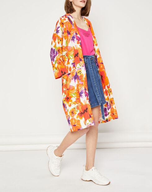 Karminroter Kimono aus Leinenmischung mit orangefarbenem Aufdruck