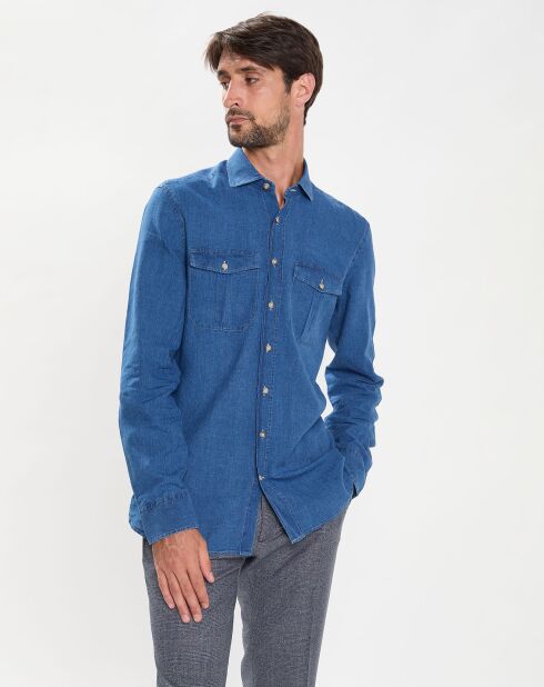 Chemise Slim Fit en Lin & Coton Saharien bleu moyen