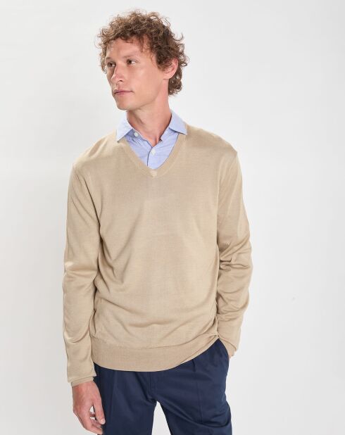 Pull en Laine Mérinos & Soie col V beige