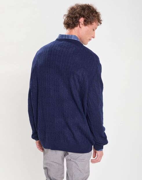 Pull 100% Laine d'agneau col rond Cable Fin bleu