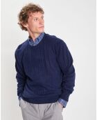 Pull 100% Laine d'agneau col rond Cable Fin bleu