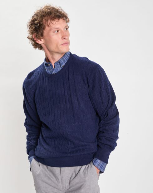 Pull 100% Laine d'agneau col rond Cable Fin bleu