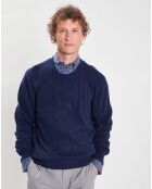 Pull 100% Laine d'agneau col rond Cable Fin bleu