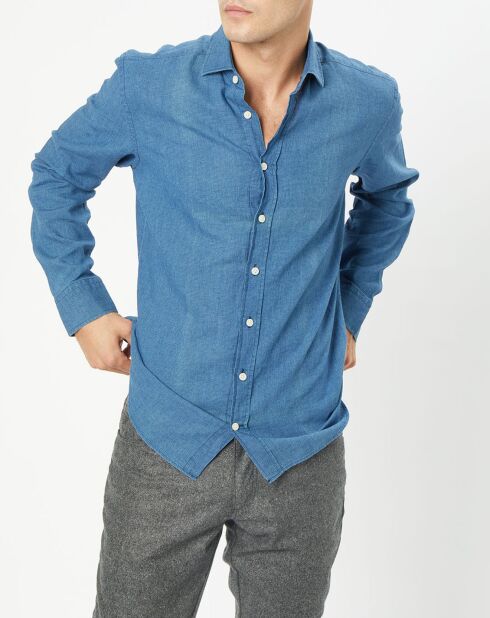 Chemise en Lin & Coton Slim Fit Text micro imprimé bleu moyen