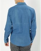 Chemise en Lin & Coton Slim Fit Text micro imprimé bleu moyen