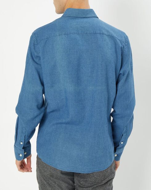 Chemise en Lin & Coton Slim Fit Text micro imprimé bleu moyen