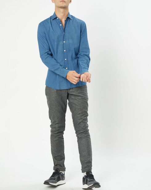 Chemise en Lin & Coton Slim Fit Text micro imprimé bleu moyen