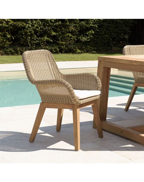 2 Fauteuils jardin rotin synthétique et coussin bois - 60x65x84 cm