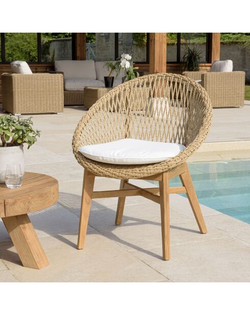 2 Fauteuils jardin arrondi teck rotin synthétique bois - 72x65x85 cm