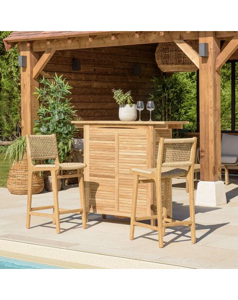 2 Tabourets bar de jardin teck rotin synthétique bois - 41x53x97 cm