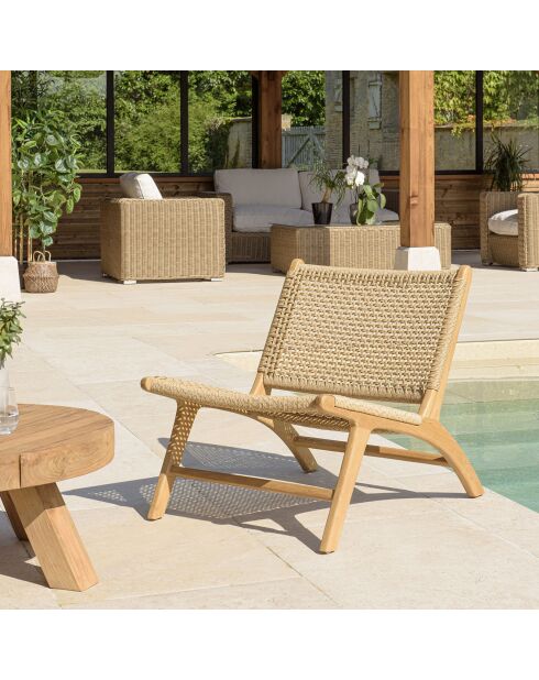 2 Fauteuils lounge de jardin teck rotin synthétique bois - 66x78x69 cm