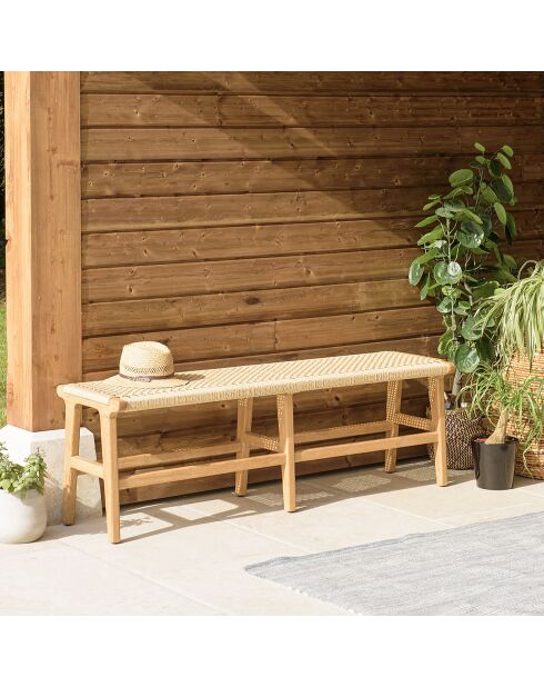 Banc de jardin 3 places teck assise rotin synthétique bois - 151x43x48 cm