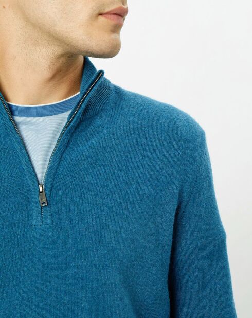 Pull en Laine & Cachemire mélangés 1/2 zip bleu clair