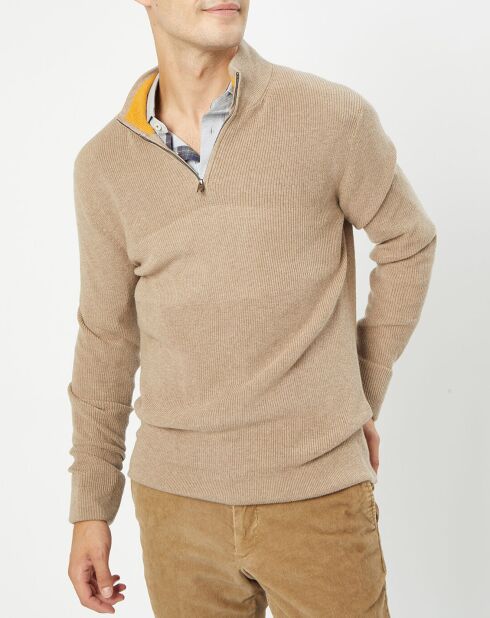 Pull en Coton & Cachemire 1/2 zip Cah Rib beige