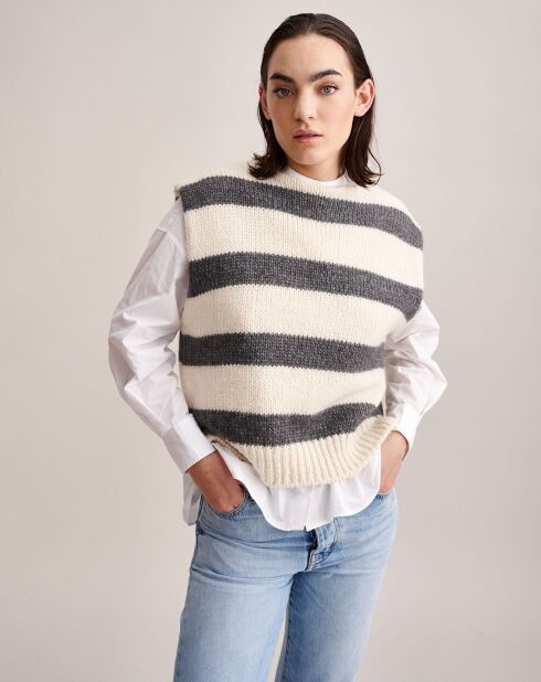 Pull sans manches en Laine & Alpaga mélangés Nanor rayé ivoire/gris