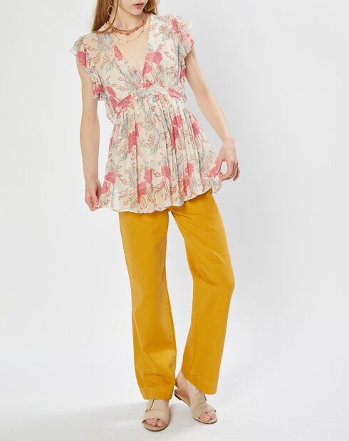 Túnica con volantes estampados en color crudo