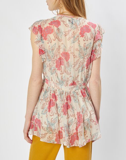 Túnica con volantes estampados en color crudo